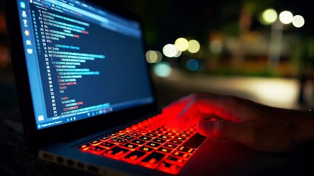 Person typing on laptop with illuminated keyboard