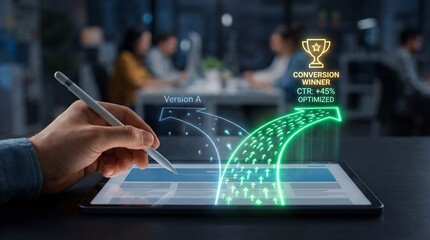 A hand holding a stylus over a tablet with a digital graphic