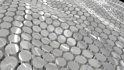 Looped abstract grid of waves of round circles of cylinders of metal coins from stainless steel with reflections on iron. Abstract background