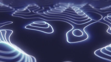 Wandcirkels Aubergine Abstract blue looped futuristic hi-tech landscape with mountains and canyons from glowing energy circles and magic lines background  © Bolbik