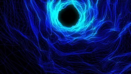 Abstract background with bright beautiful blue glowing energy magic waves and lines from triangles turning into tunnels