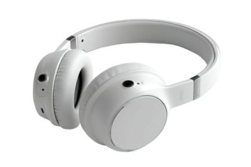 Crisp, white over-ear headphones angled slightly right against a black background