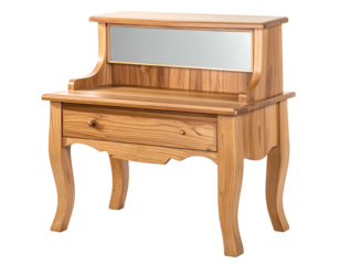 Elegant wooden vanity with mirror, single drawer, and curved legs