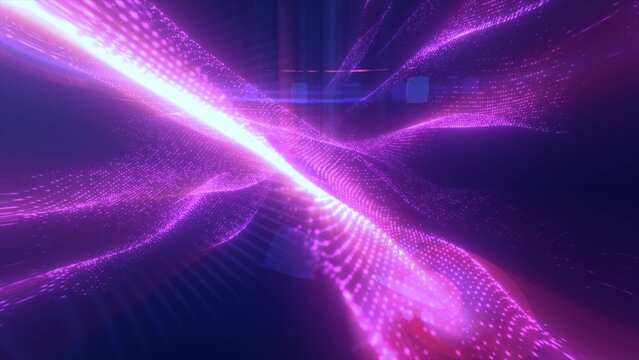 Blue glowing energy waves from small particles and lines abstrac