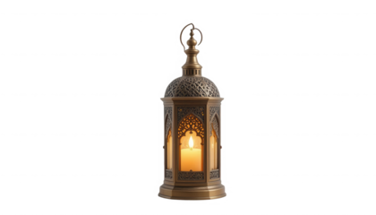 Ornate bronze islamic style lantern featuring a warm glowing candle flame inside for religious holiday decoration on transparent background