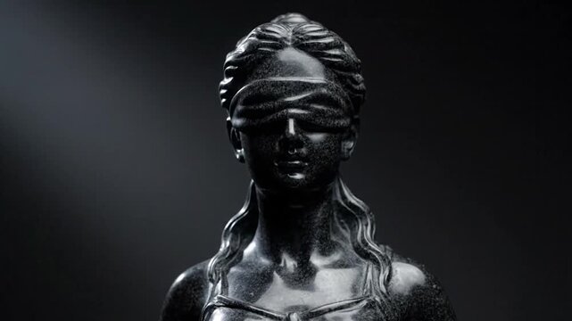 A dark marble statue of a blindfolded figure, symbolizing justice
