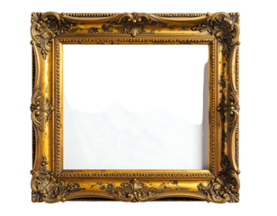 Ornate, gilded frame with intricate details, showcasing a partially ripped, white artwork