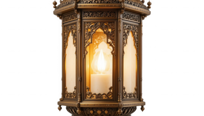 Ornate antique bronze lantern featuring an illuminated candle flame with intricate gothic style detailing on transparent background