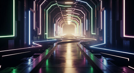A long futuristic tunnel with neon lights leading to a bright light at the end, displaying a sleek metallic design