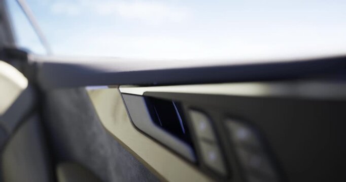 A close up of a stylish car interior showcases modern design elements. The smooth surfaces and intricate details create an inviting atmosphere, highlighting luxurious craftsmanship.