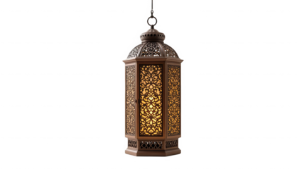 Ornate hanging metal lantern featuring intricate filigree work and a warm glowing light source on transparent background