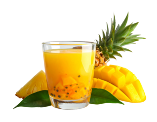 Vibrant tropical drink with mango, pineapple, and passion fruit