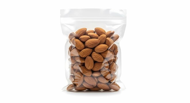 Almonds in Clear Plastic Pouch Bag Mockup, Isolated on White Background. Healthy Snack Food Packaging and Product Display Template.