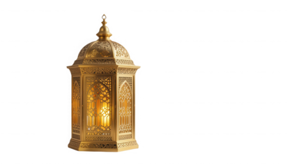 Ornate golden arabesque lantern glowing warmly with intricate filigree detailing for festive religious celebrations on transparent background