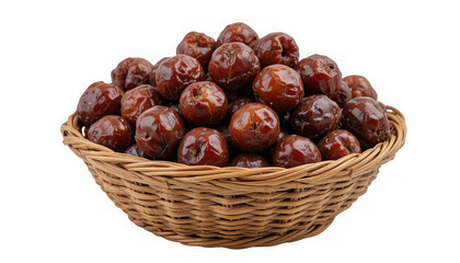 Obraz premium A close-up view of dried brown jujube fruits piled high inside a woven wicker basket ready for consumption on transparent background