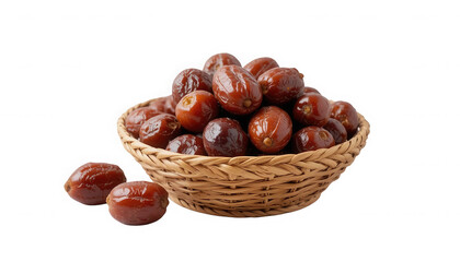 Obraz premium Freshly harvested ripe red jujubes carefully piled high inside a small woven wicker basket ready for eating on transparent background