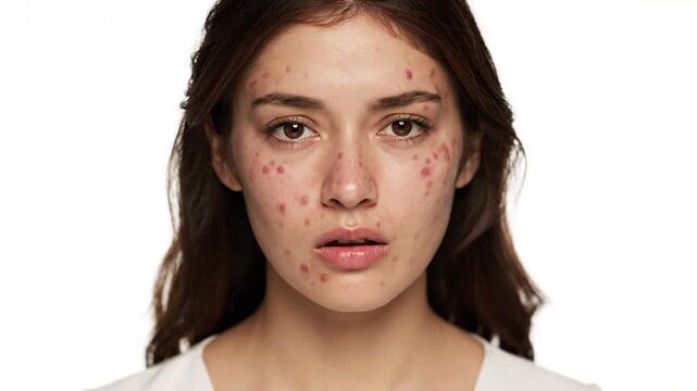 Young woman with visible acne blemishes on her face and forehead