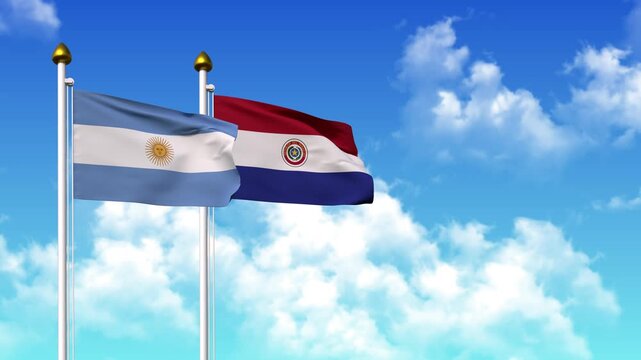 Waving flags of ARGENTINA and PARAGUAY on pole included with alpha