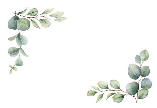 Watercolor corner border frame with green eucalyptus leaves and branches. Greenery clipart for wedding invitation, greeting cards, save the date, stationery design.  Hand drawn illustration.