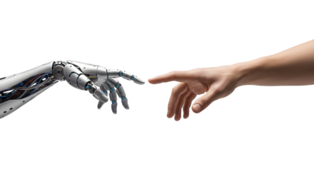 A robotic hand and a human hand almost touching on transparent background