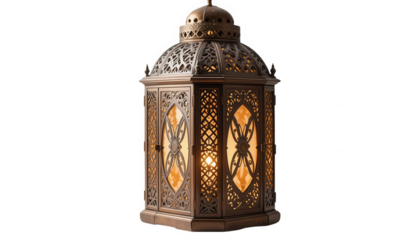 Ornate bronze decorative lantern featuring intricate filigree metalwork and warm glowing interior light on transparent background