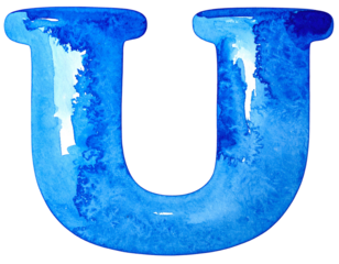 Blue Watercolor Letter U Closeup View.