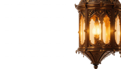 Ornate antique brass hanging lantern featuring intricate gothic revival metalwork casting and warm glowing internal light bulb on transparent background