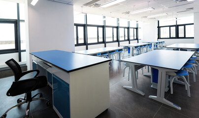 Modern classroom with long tables