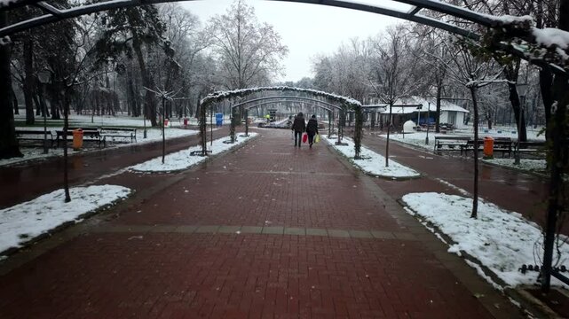 Walking Along Winter Park Alley Under Arched Trellises