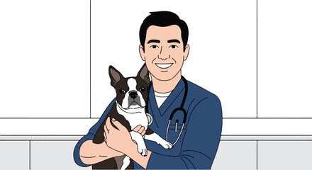 Friendly male veterinarian smiling and gently holding an adorable Boston Terrier dog, symbolizing compassionate pet care, animal health, and dedicated veterinary services
