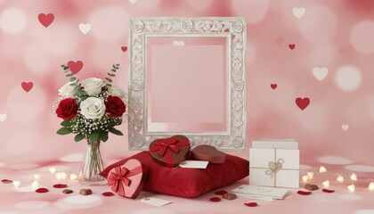 Romantic gift arrangement with flowers and heart decor cozy indoor setting decorative photography soft lighting love concept