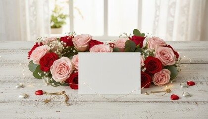Celebratory floral arrangement with blank card home setting photography cozy atmosphere close-up view expressing love and joy