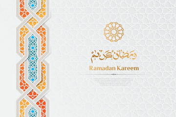 Bright Ramadan Kareem background featuring a colorful vertical Islamic geometric ornament and gold calligraphy on white pattern.