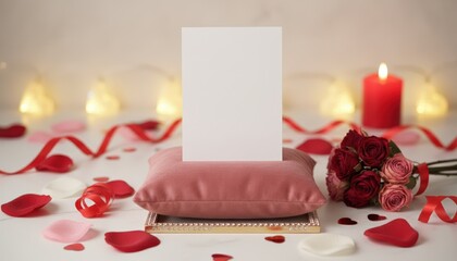 Romantic gesture with blank card cozy setting floral arrangement intimate atmosphere close-up view love concept for special occasions and celebrations