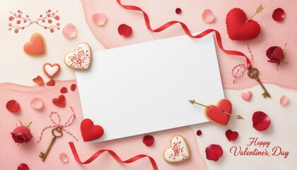 Romantic celebration of love valentine's day greeting card design festive atmosphere top-down perspective heartfelt expressions with roses and sweet treats