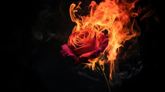 Burning rose surrounded by flames in a dark setting capturing passion and intensity