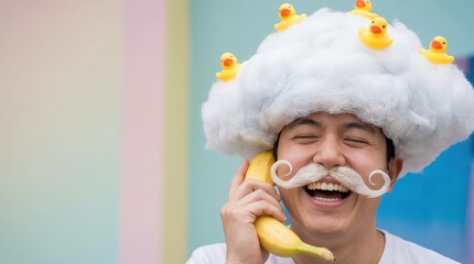 Joyful man with rubber duck cloud hat outdoor fun event colorful playful environment engaging lifestyle concept laughter and happiness highlighted