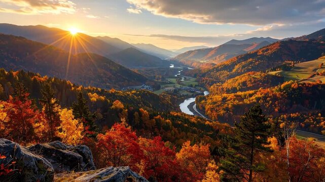 A breathtaking landscape bathed in golden sunlight, revealing rolling hills and an autumn river