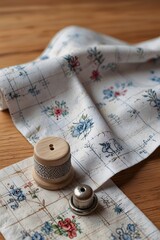 Fototapeta premium Thimble next to a sewing pattern on a wooden table