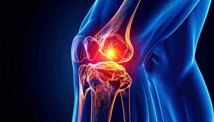 Knee joint anatomy with red-orange glow showing inflammation around femur, tibia, and patella.