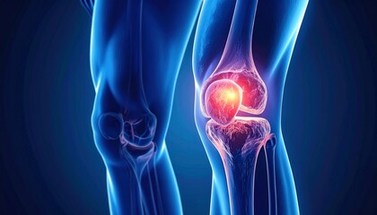 Leg anatomy overlay showing inflamed right knee joint in red glow with skeletal and muscular structure.