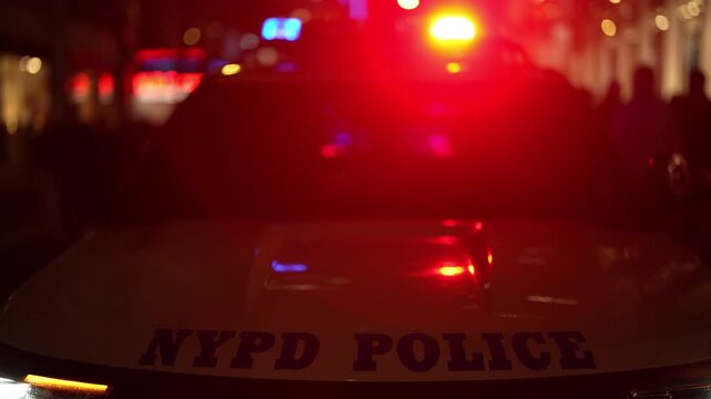 New York City Police Department, NYPD. City night patrol. Public safety police. Metropolitan NYPD patrol. Police car Manhattan. Night police vehicle.