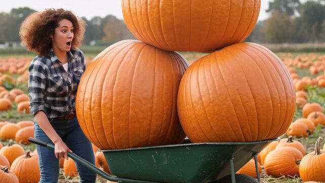 Woman loads harvest pumpkins on wheelbarrow in pumpkin patch. Agriculture and farming production for autumn holidays footage.
