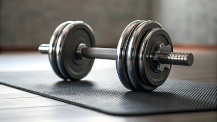 Weight lifting equipment rests on mat in gym for strength training and fitness activities during indoor workout session