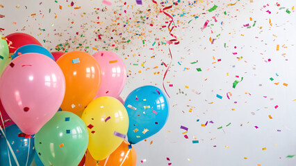 Colorful balloons with confetti flying during a celebration in a bright room at a party