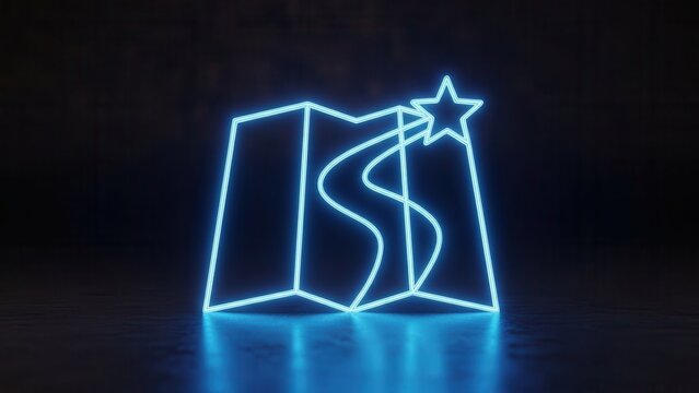 Dynamic neon path on a folded map design leading to a prominent glowing star destination