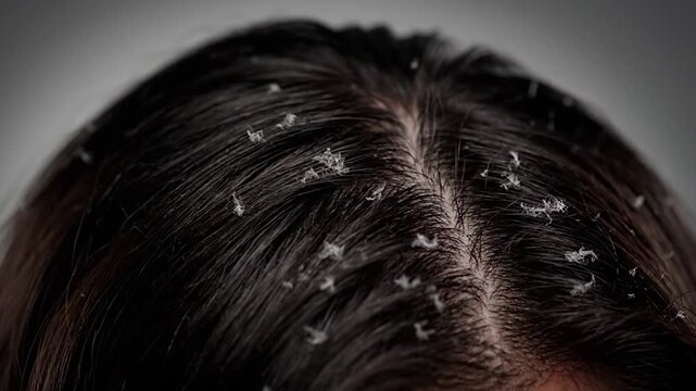 Close-up of dark hair with white flakes scattered across the scalp and strands