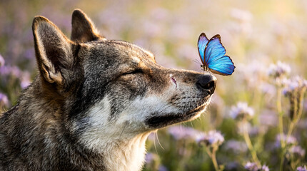Close up side profile of a wolf dog with a blue butterfly sitting gently on its nose in a flower field.
