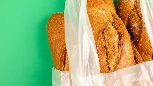 Loaves of bread in a transparent plastic bag against a vibrant green background