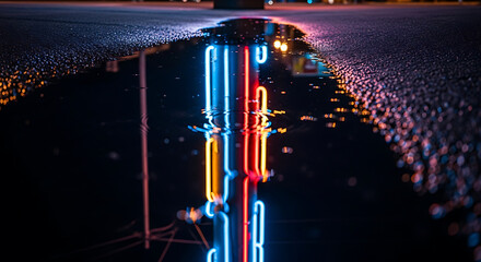 A neon sign's reflection in a puddle at night, showcasing vibrant colors and a wet, dark road surface. The cityscape reflects